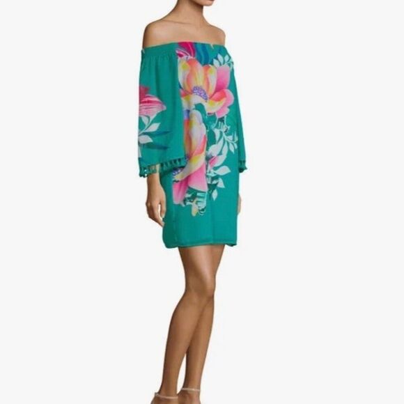 Trina Turk Amaris Green Floral Off Shoulder Shift Dress XS - Picture 1 of 12